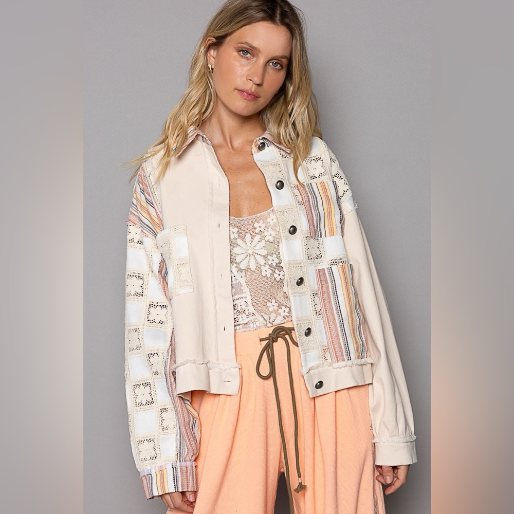 691. Colorblock Stripe Button Down Jacket In Crea… - image 5